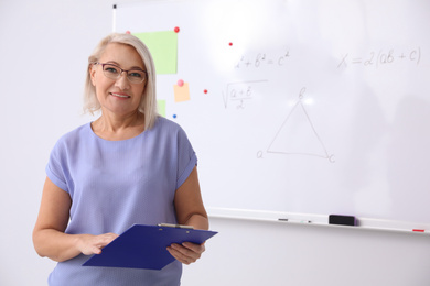 Mature teacher with clipboard near whiteboard in modern classroom. Space for text