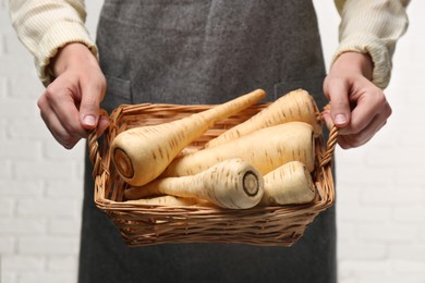 Photo of Woman holding wicker basket with delicious fresh ripe parsnips indoors, closeup