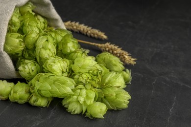 Sack with fresh green hops and spikes on black table, closeup