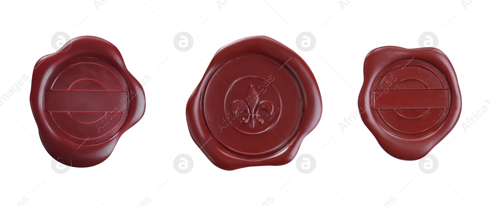 Image of Set with red wax seals on white background, top view. Banner design 