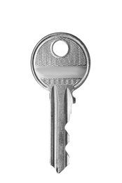 Photo of One modern steel key on white background