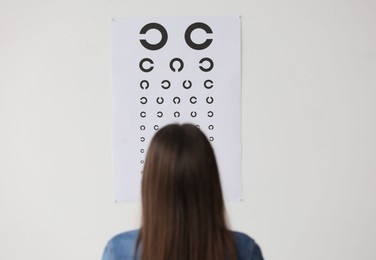 Photo of Eyesight examination. Young woman looking at vision test chart indoors, back view