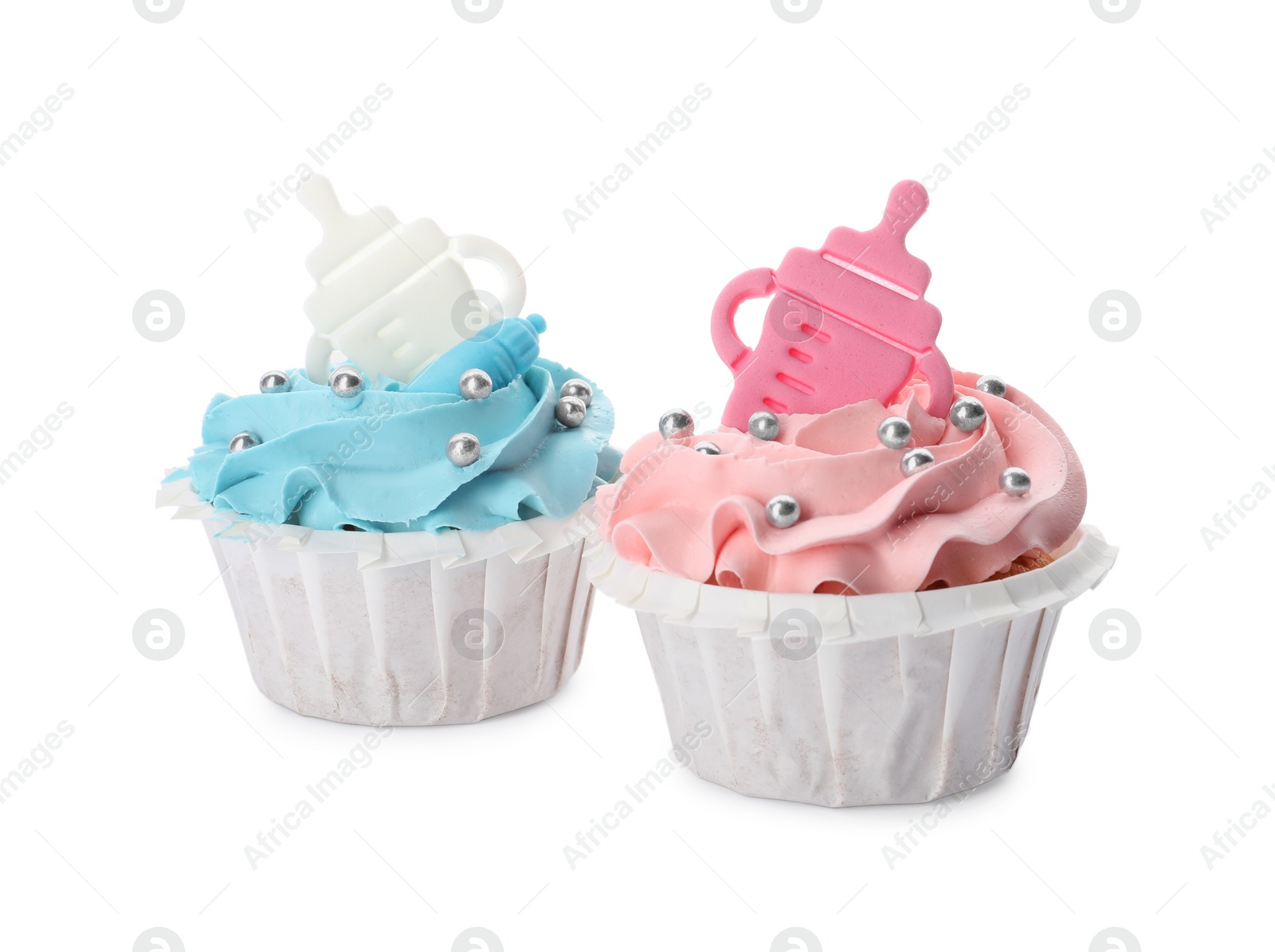 Photo of Baby shower cupcakes with light blue and pink cream on white background