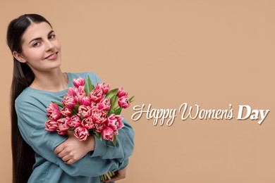 Image of Happy Women's Day - March 8. Attractive lady with bouquet of tulips on dark beige background