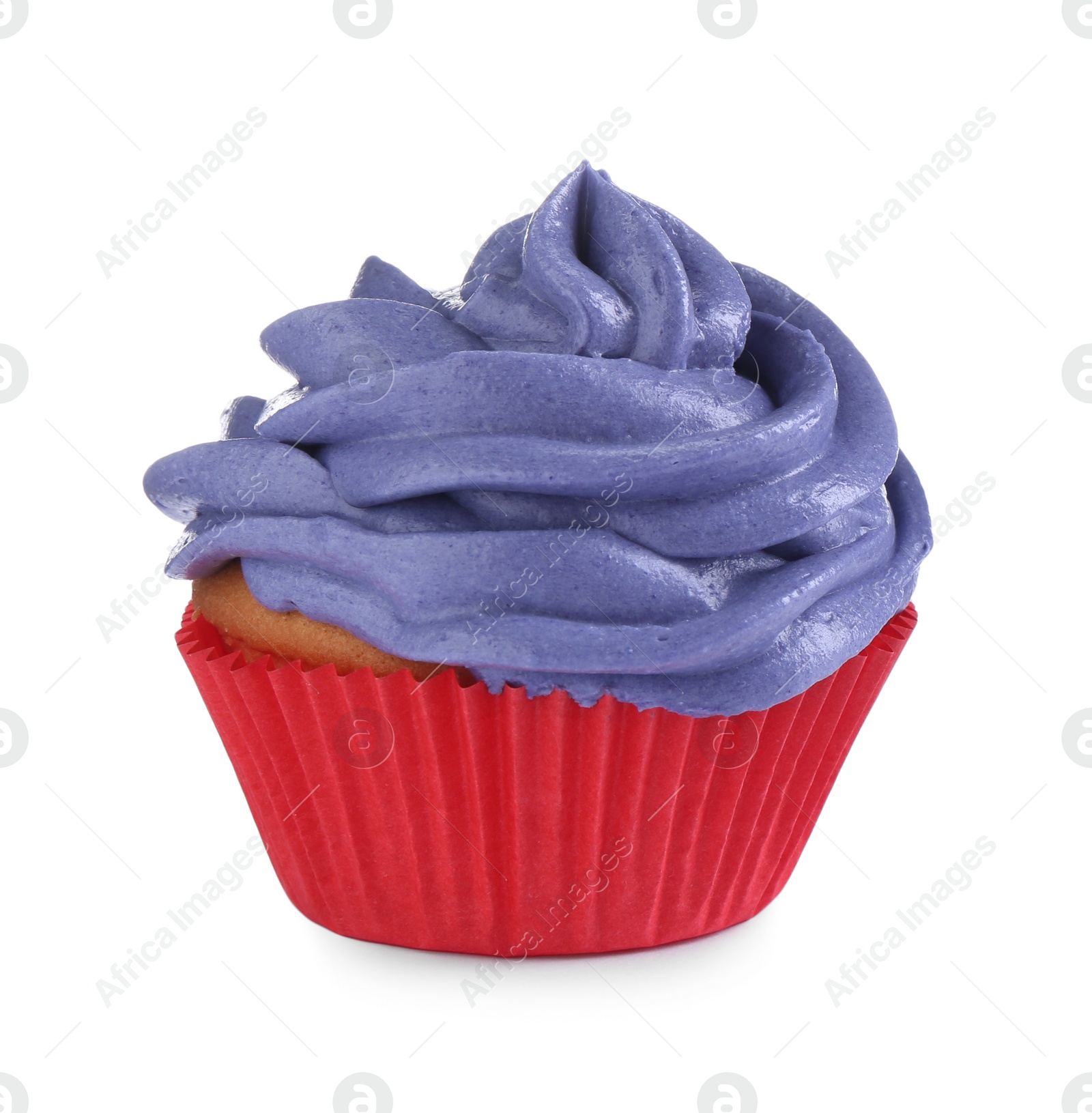 Photo of Delicious cupcake with violet cream isolated on white