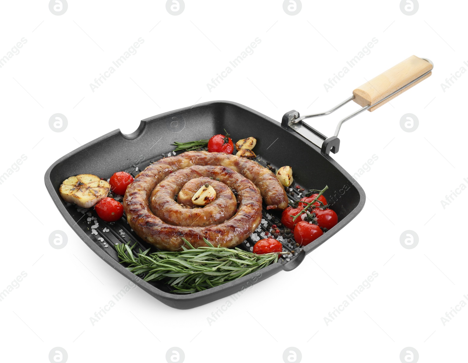 Photo of Pan with delicious homemade sausage, garlic, tomatoes, rosemary and spices isolated on white