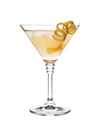 Photo of Glass of martini cocktail with ice cubes and lemon zest on white background