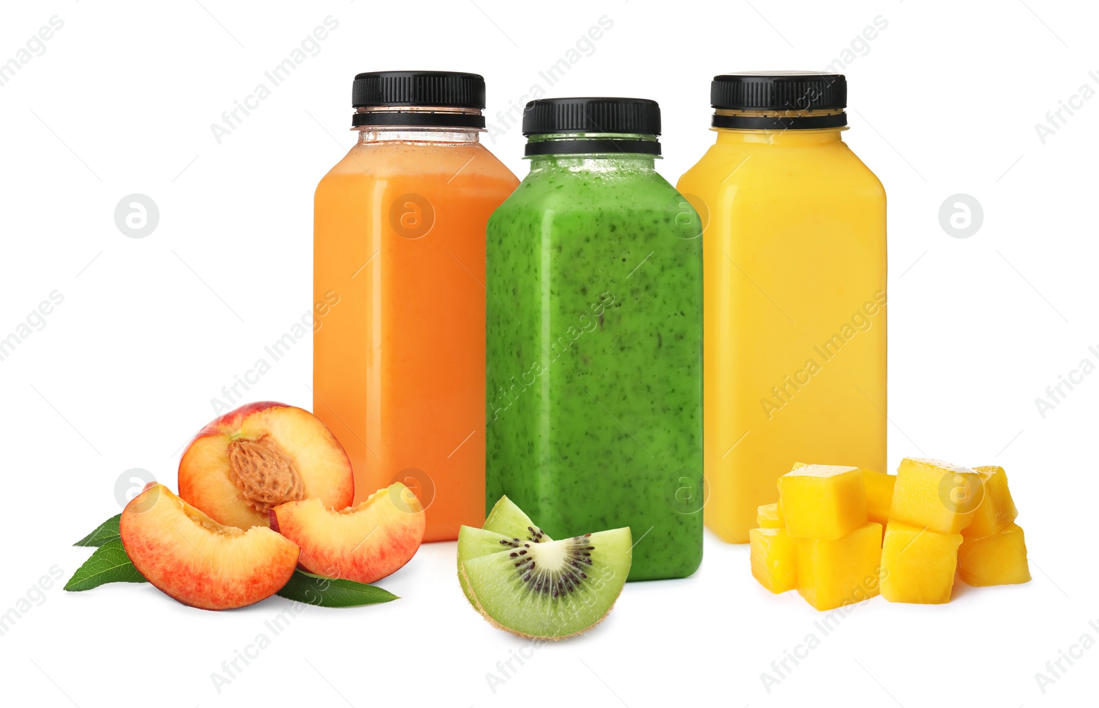 Image of Different delicious smoothies in bottles on white background