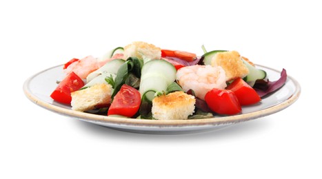 Photo of Tasty salad with croutons, tomato and shrimps isolated on white