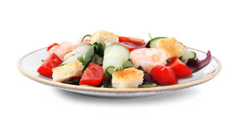 Tasty salad with croutons, tomato and shrimps isolated on white