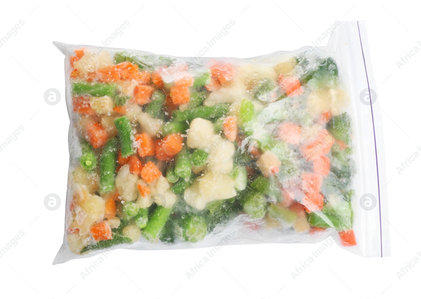 Photo of Frozen vegetables in plastic bag isolated on white, top view