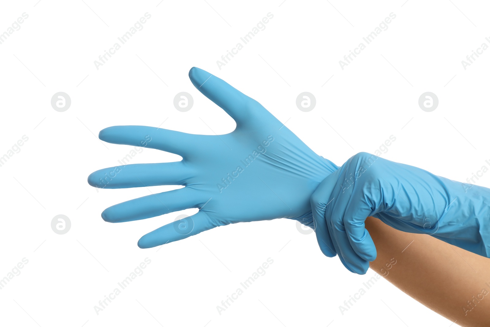 Photo of Doctor wearing medical gloves on white background, closeup