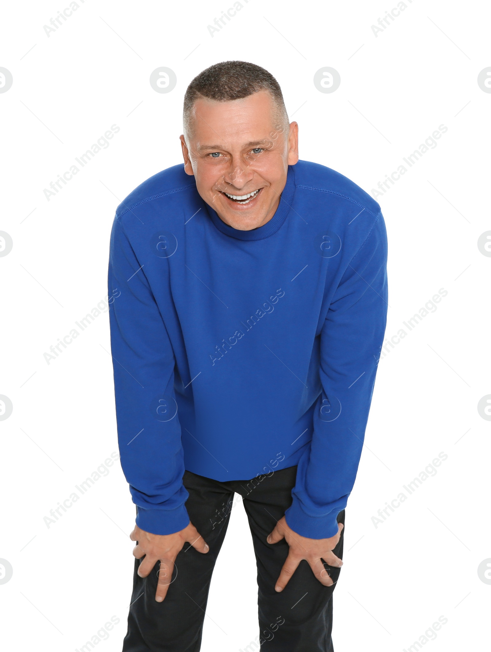 Photo of Portrait of emotional mature man on white background