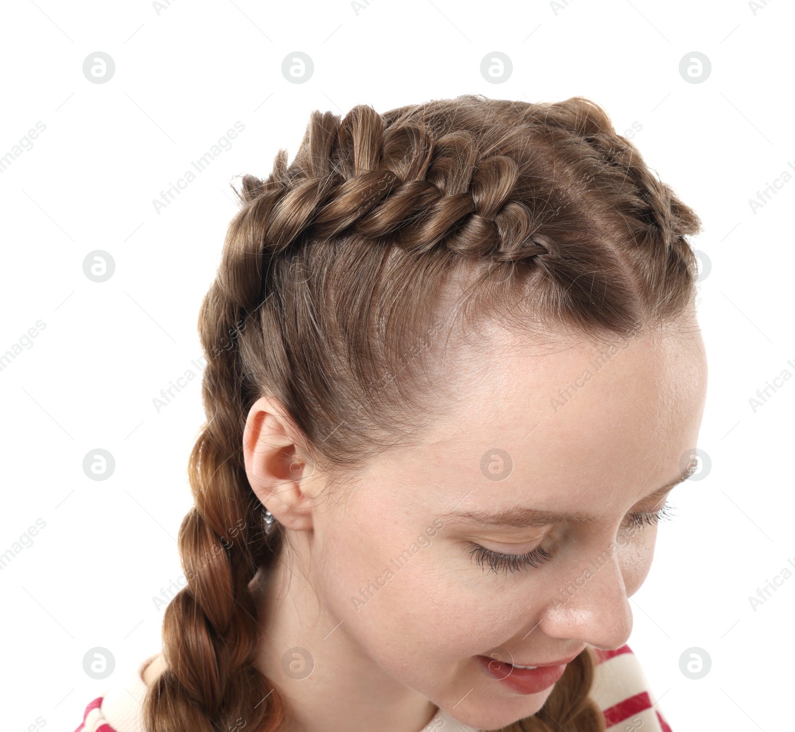 Photo of Woman with braided hair on white background