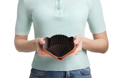 Woman with empty wallet on white background, closeup