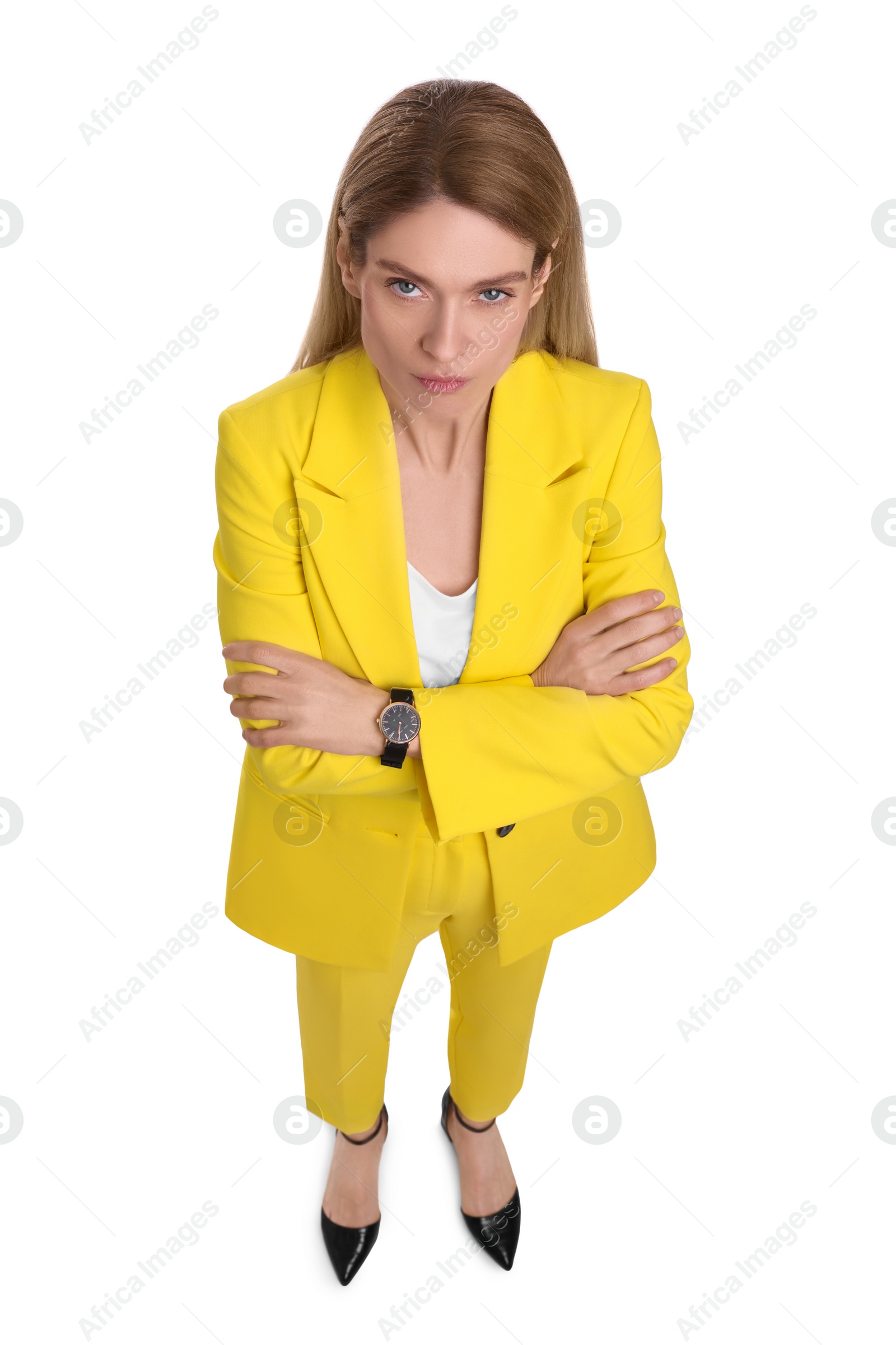 Photo of Beautiful businesswoman crossing arms on white background, above view