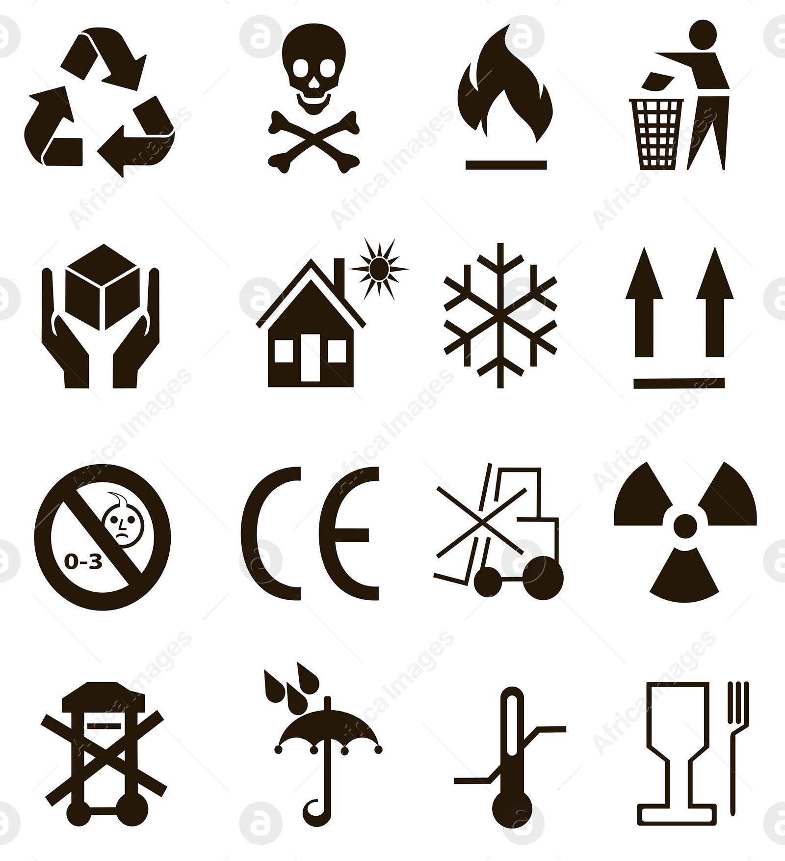 Image of Illustration of different packaging symbols on white background 