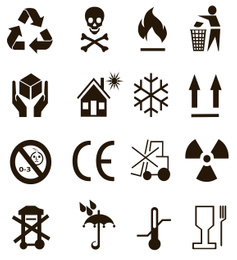 Image of Illustration of different packaging symbols on white background 