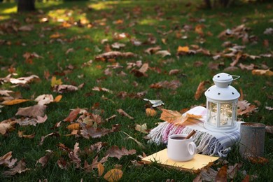 Composition with cup of coffee, book, plaid and autumn leaves on green grass outdoors. Space for text