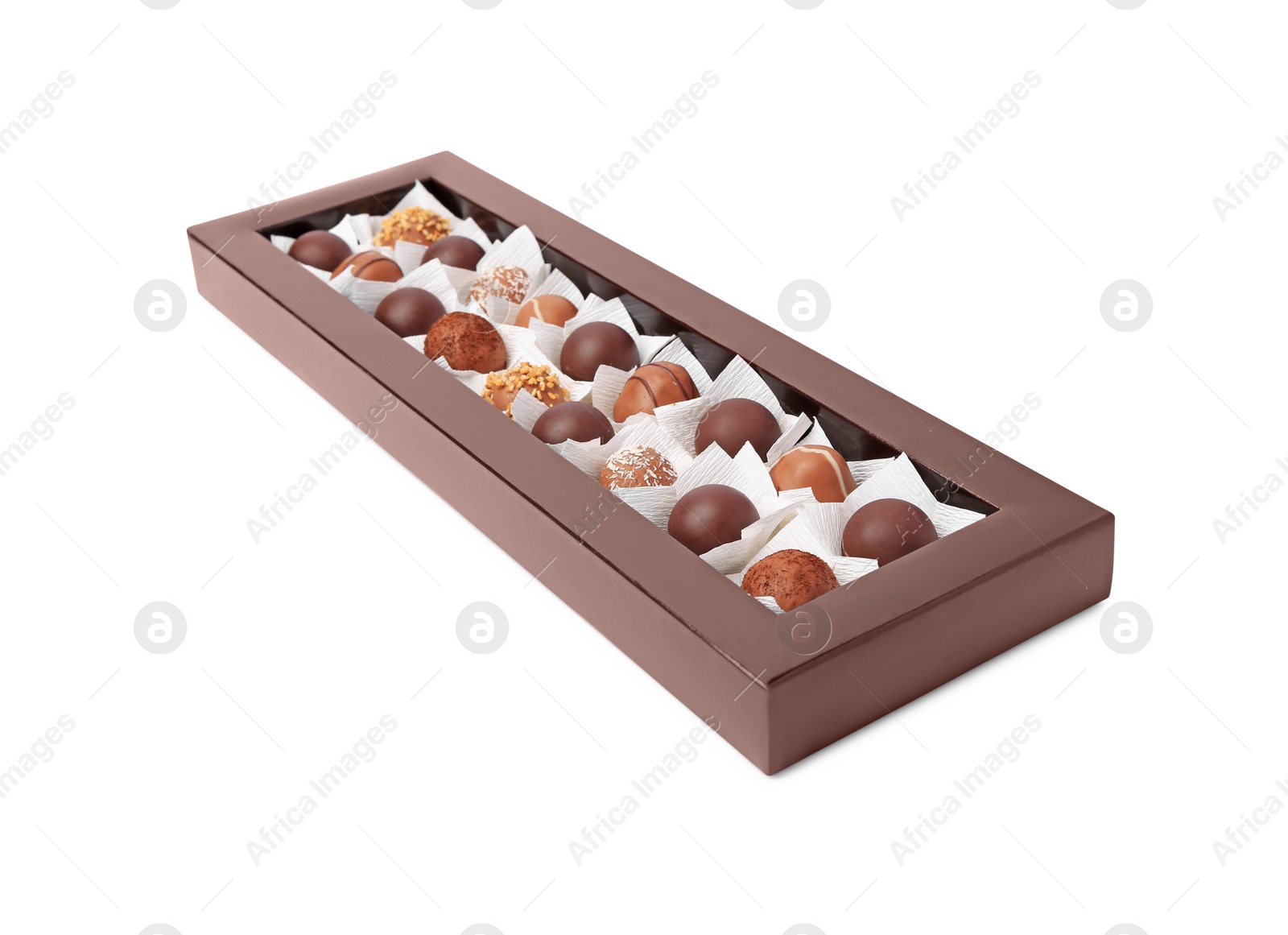 Photo of Box with delicious chocolate candies isolated on white