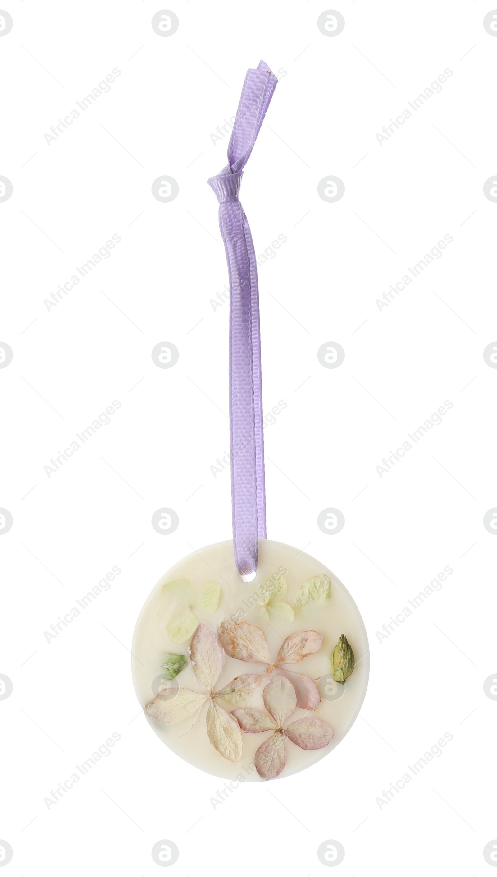 Photo of Beautiful scented sachet with flowers isolated on white