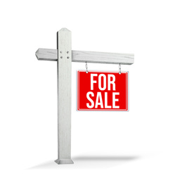 Image of Real estate sign with phrase FOR SALE on white background