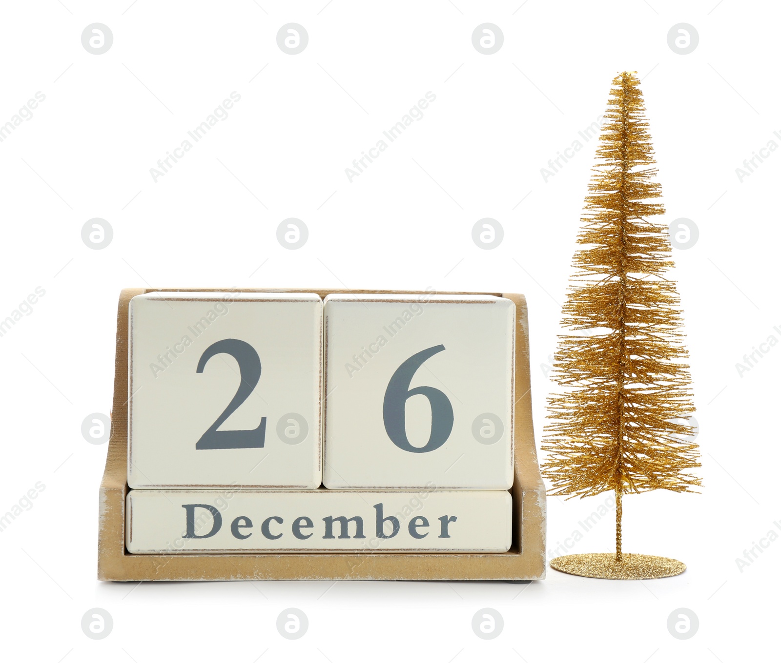 Photo of Wooden block calendar and decorative fir tree on white background. Christmas countdown