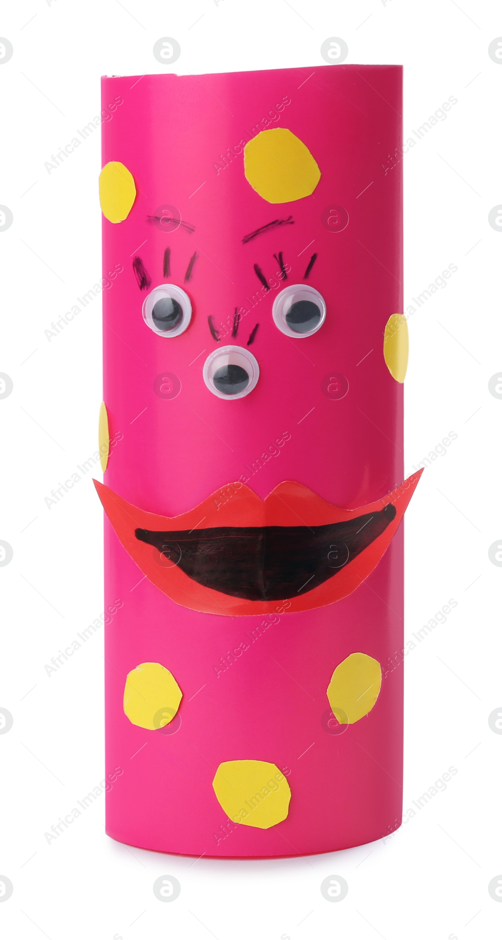 Photo of Funny pink monster isolated on white. Halloween decoration