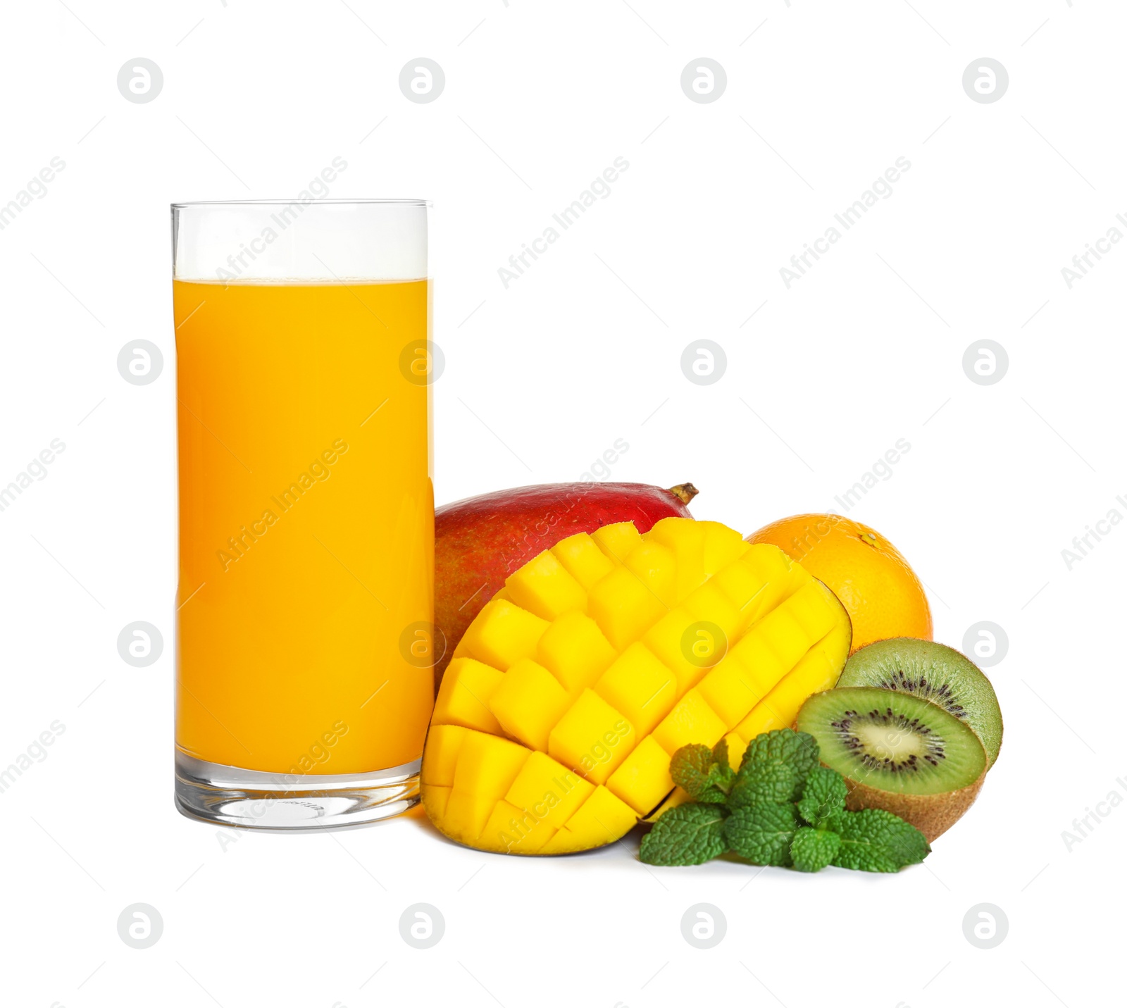 Photo of Mango juice and fresh tropical fruits, isolated on white