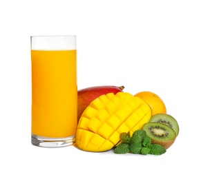 Mango juice and fresh tropical fruits, isolated on white