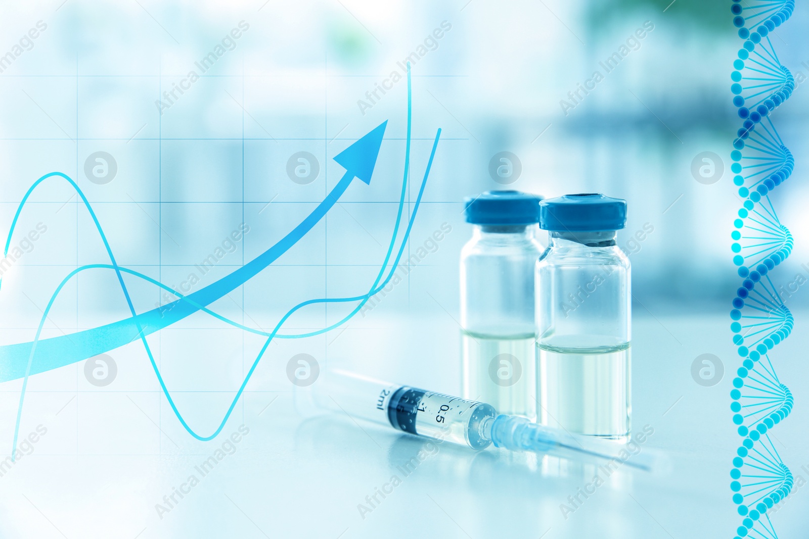 Image of Vaccine and syringe on table. Covid-19 prevention