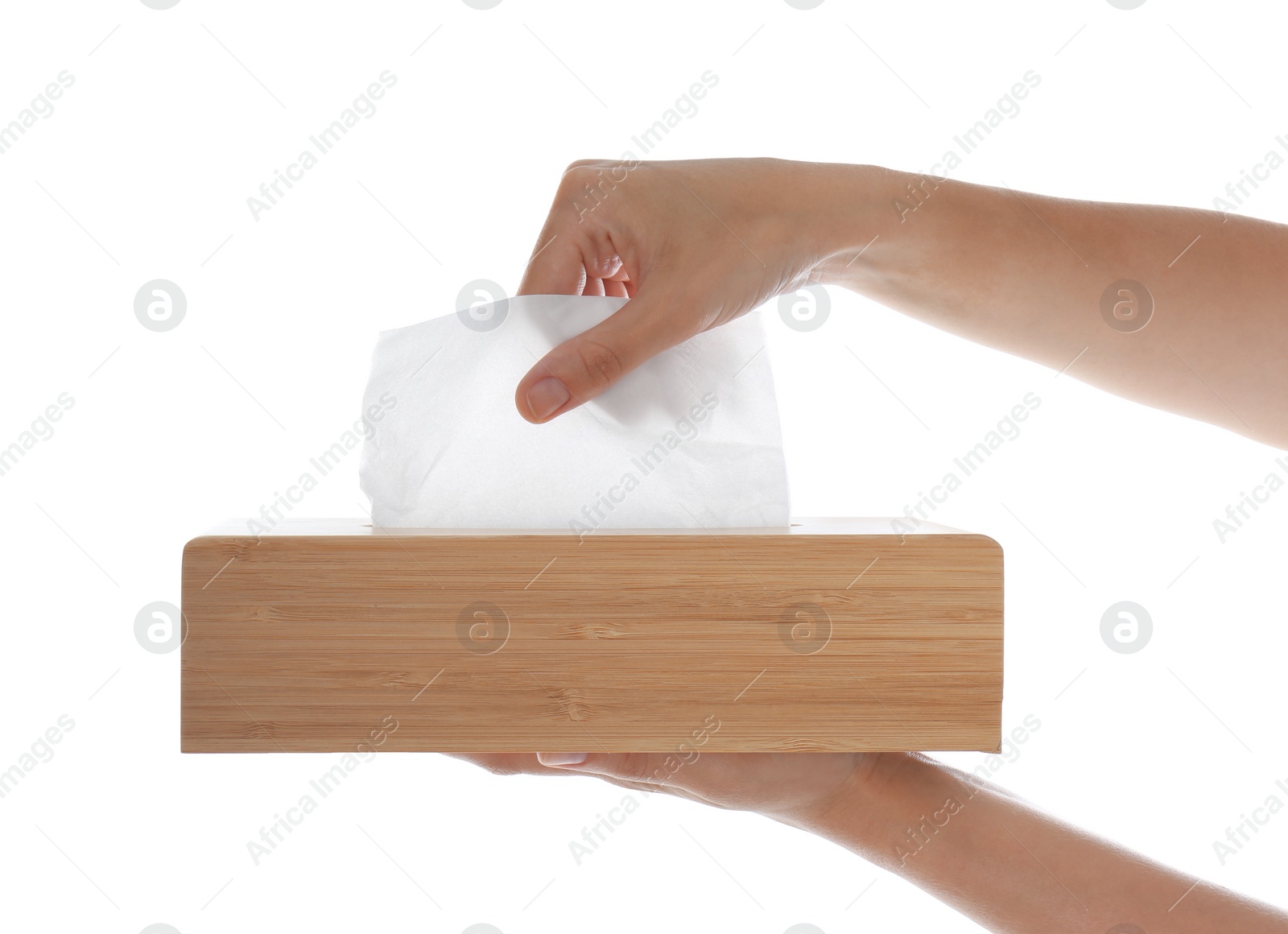 Photo of Woman taking paper tissue from holder on white background, closeup