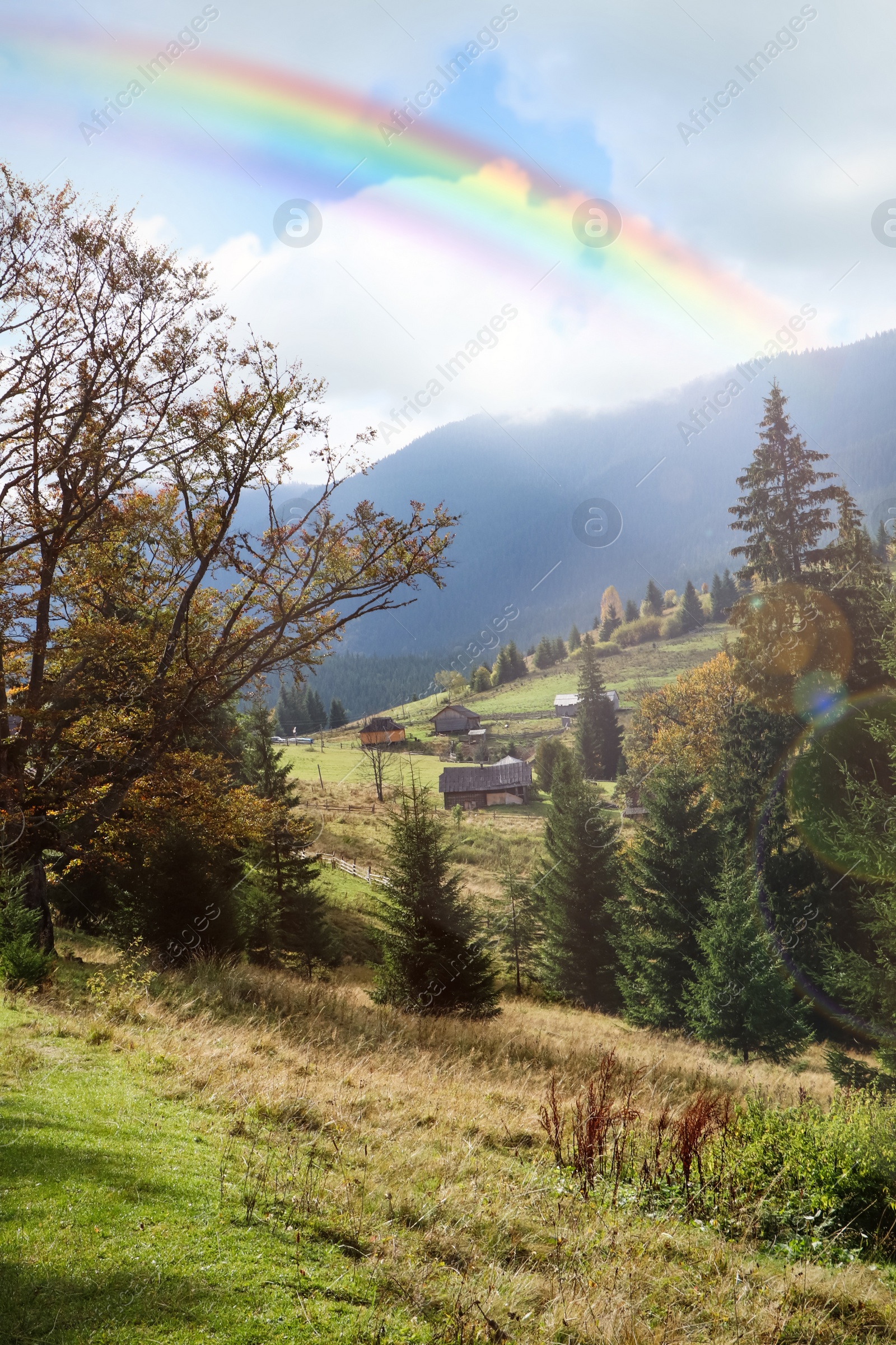 Image of Beautiful rainbow in blue sky over village in mountain on sunny day
