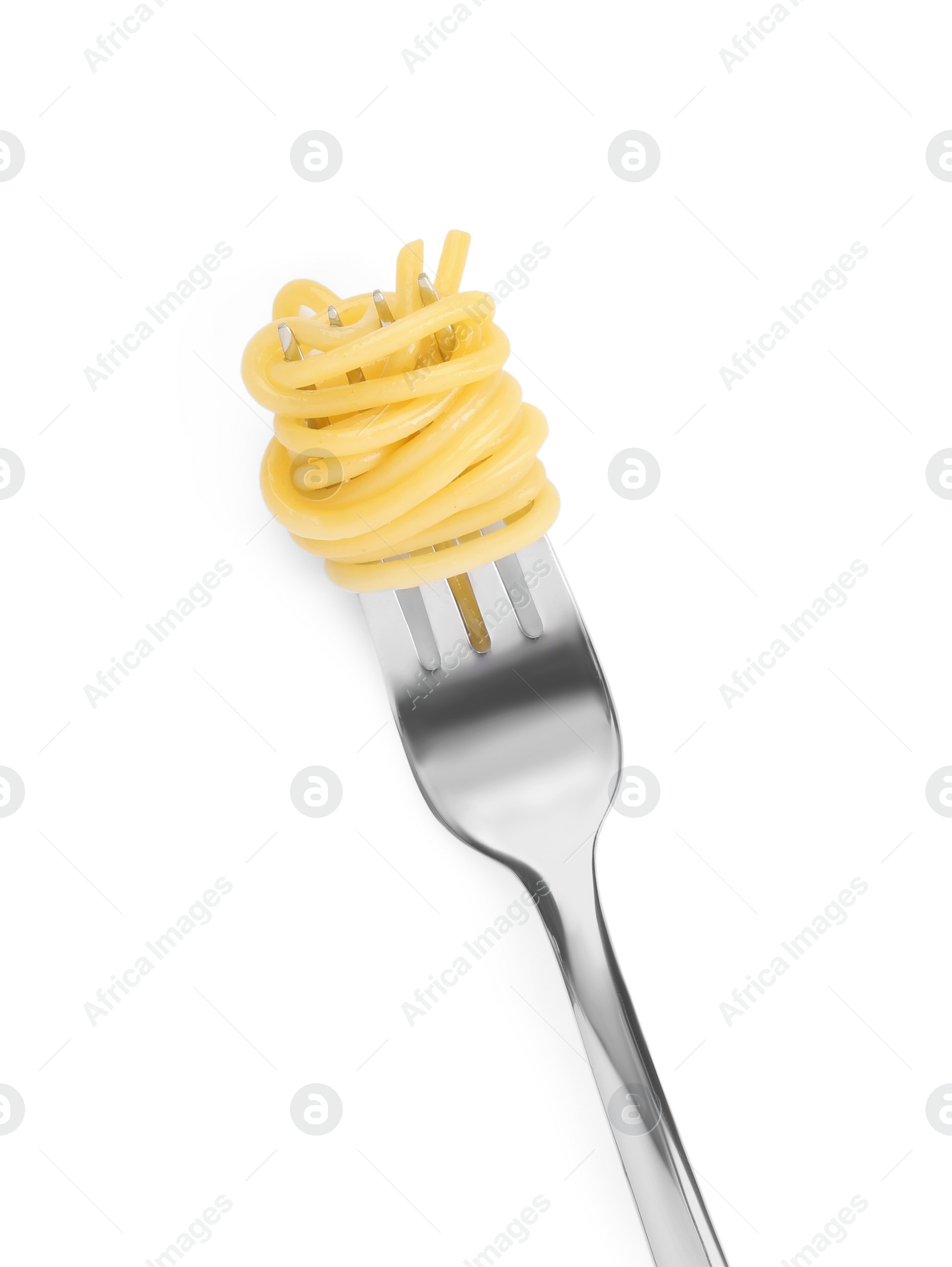 Photo of Fork with tasty pasta isolated on white, top view