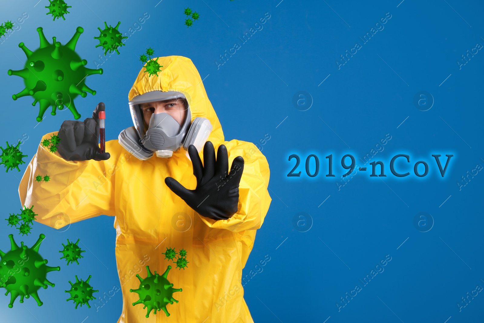 Image of Man in chemical protective suit holding test tube of blood sample on blue background. Virus research