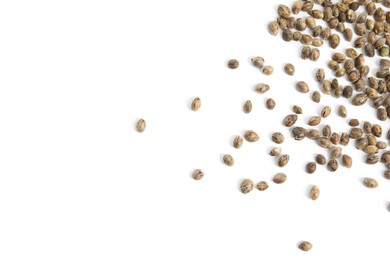 Photo of Hemp seeds on white background, top view