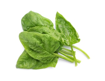 Photo of Pile of fresh spinach leaves isolated on white, top view