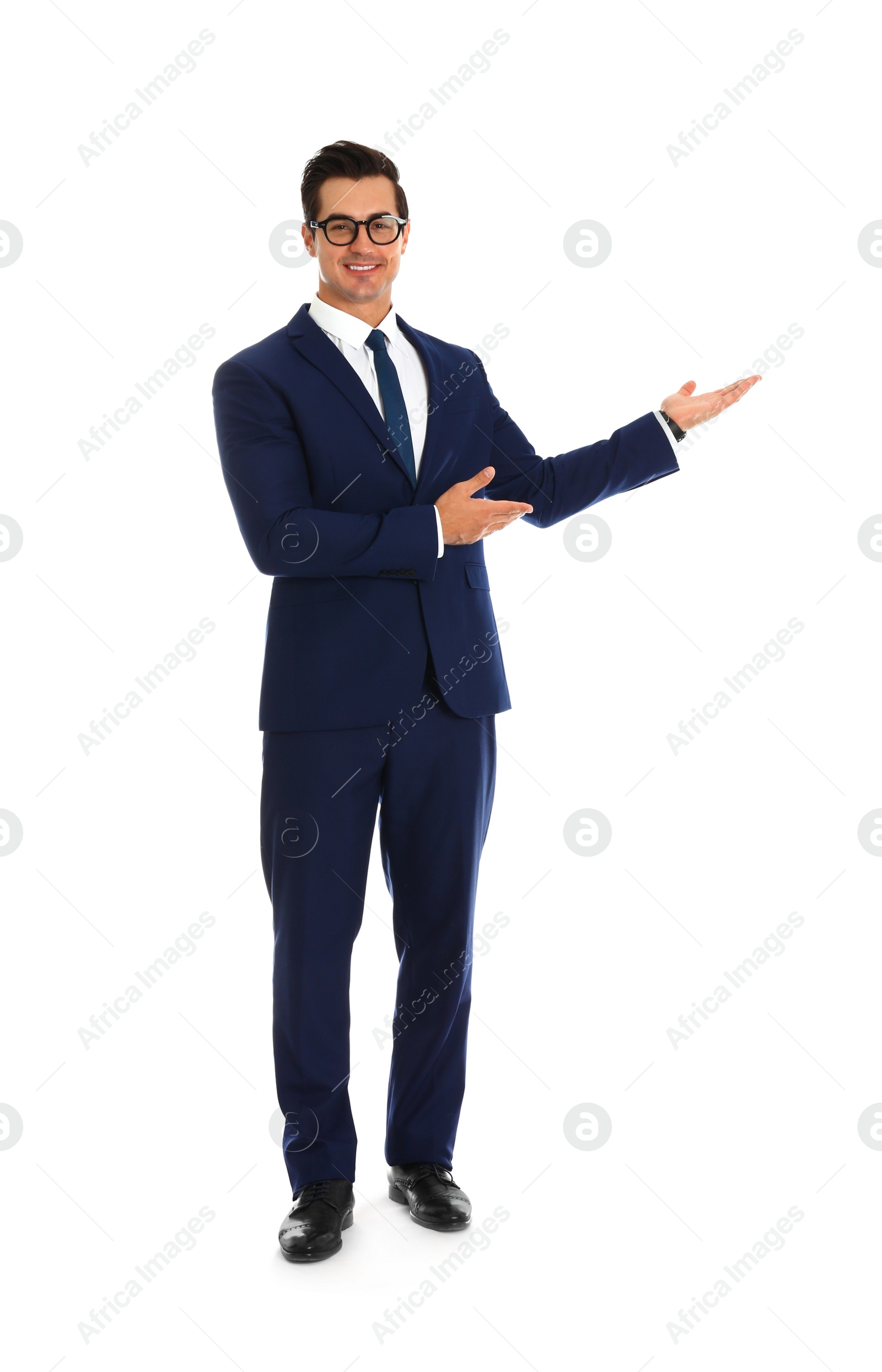 Photo of Professional business trainer pointing on something, white background