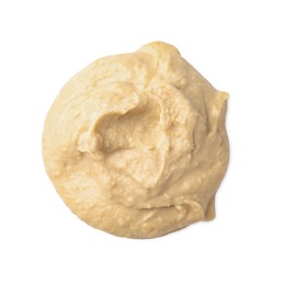 Photo of Heap of classic tasty hummus isolated on white, top view