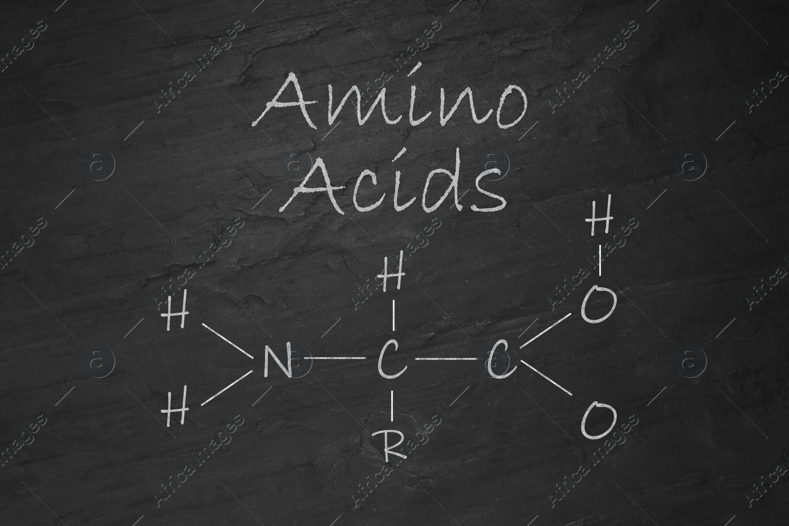 Illustration of Text Amino Acids and chemical formula on black slate surface