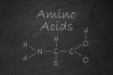 Illustration of Text Amino Acids and chemical formula on black slate surface