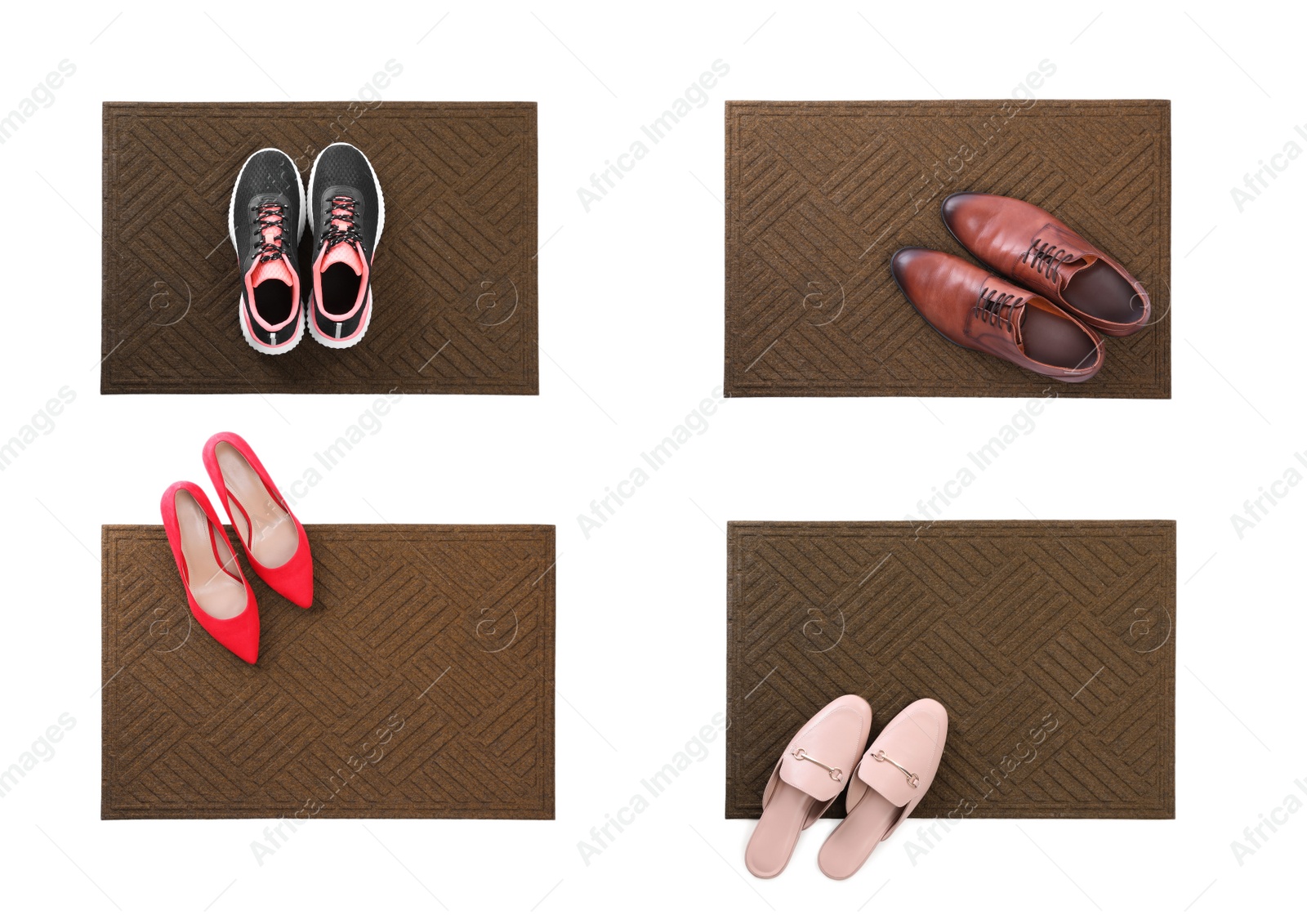 Image of Set with door mats and different shoes on white background, top view