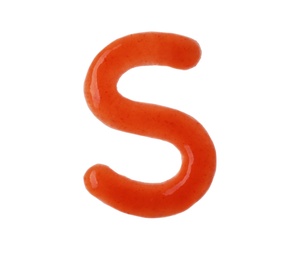 Photo of Letter S written with red sauce on white background