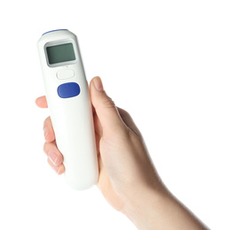 Photo of Woman holding non-contact infrared thermometer on white background, closeup