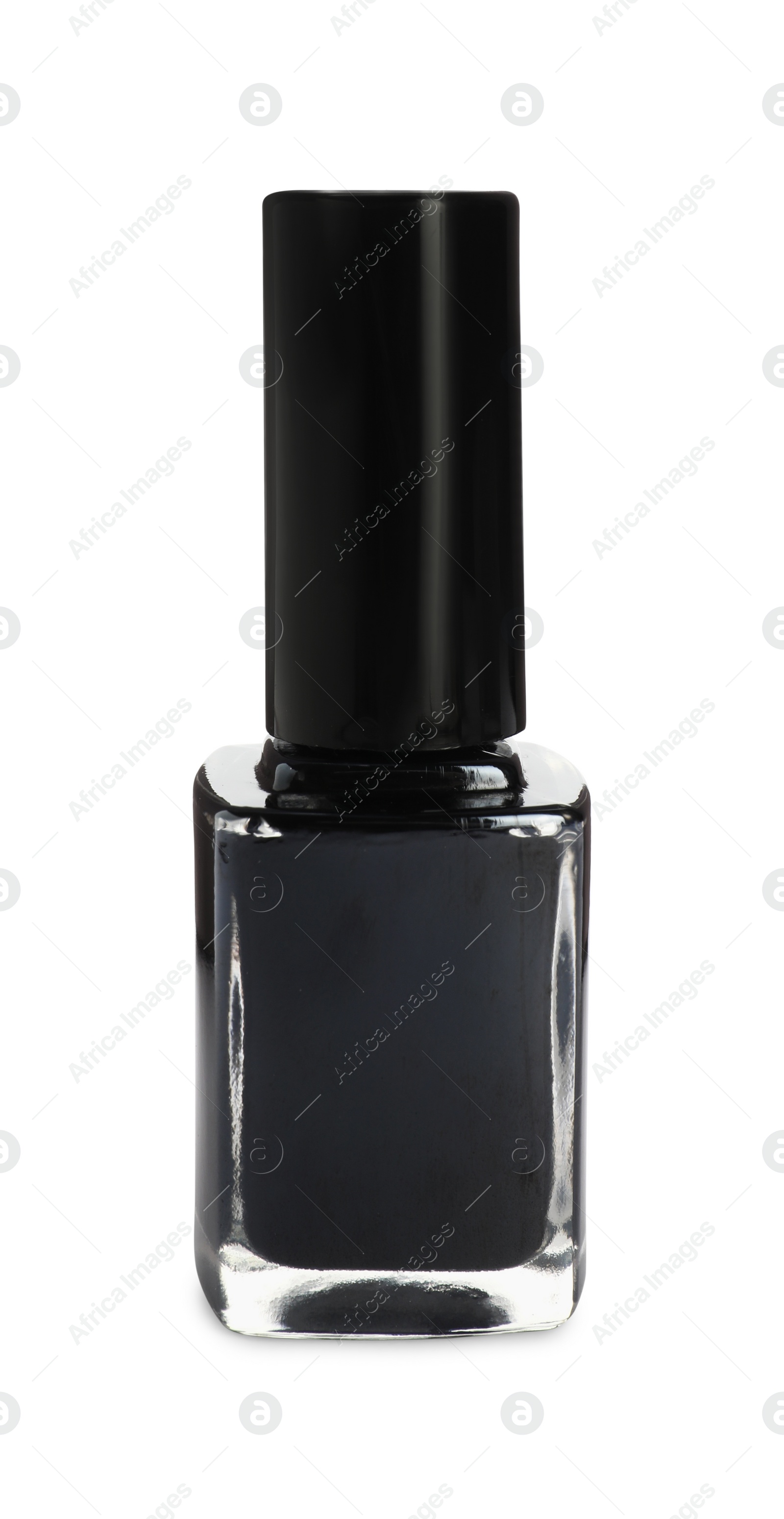 Photo of Black nail polish in bottle isolated on white