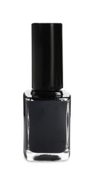 Black nail polish in bottle isolated on white
