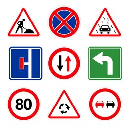 Image of Set with different traffic signs on white background. Illustration