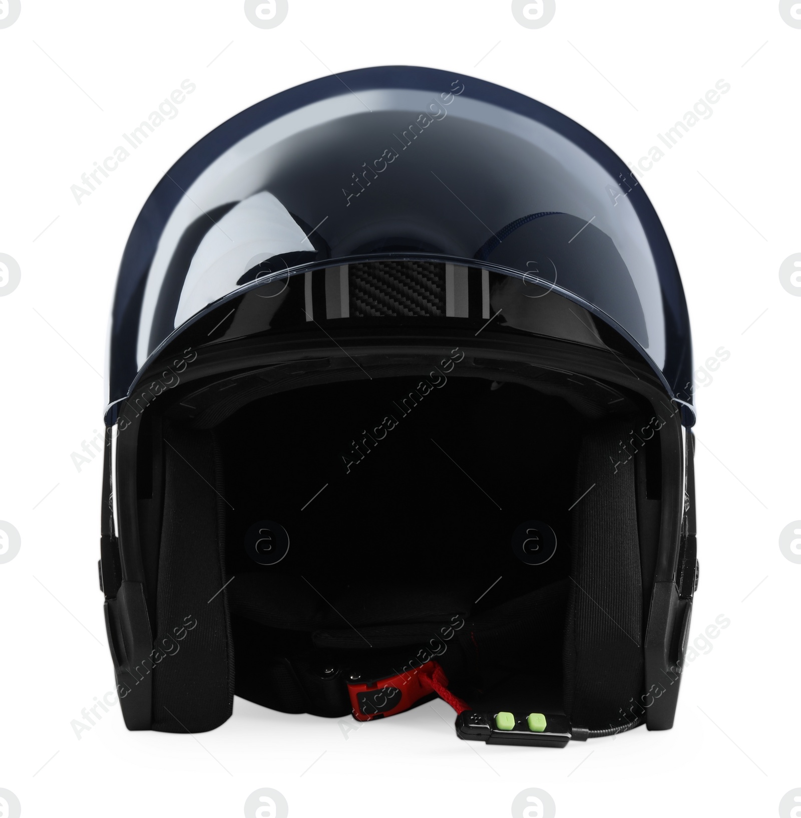 Photo of Modern motorcycle helmet with visor isolated on white