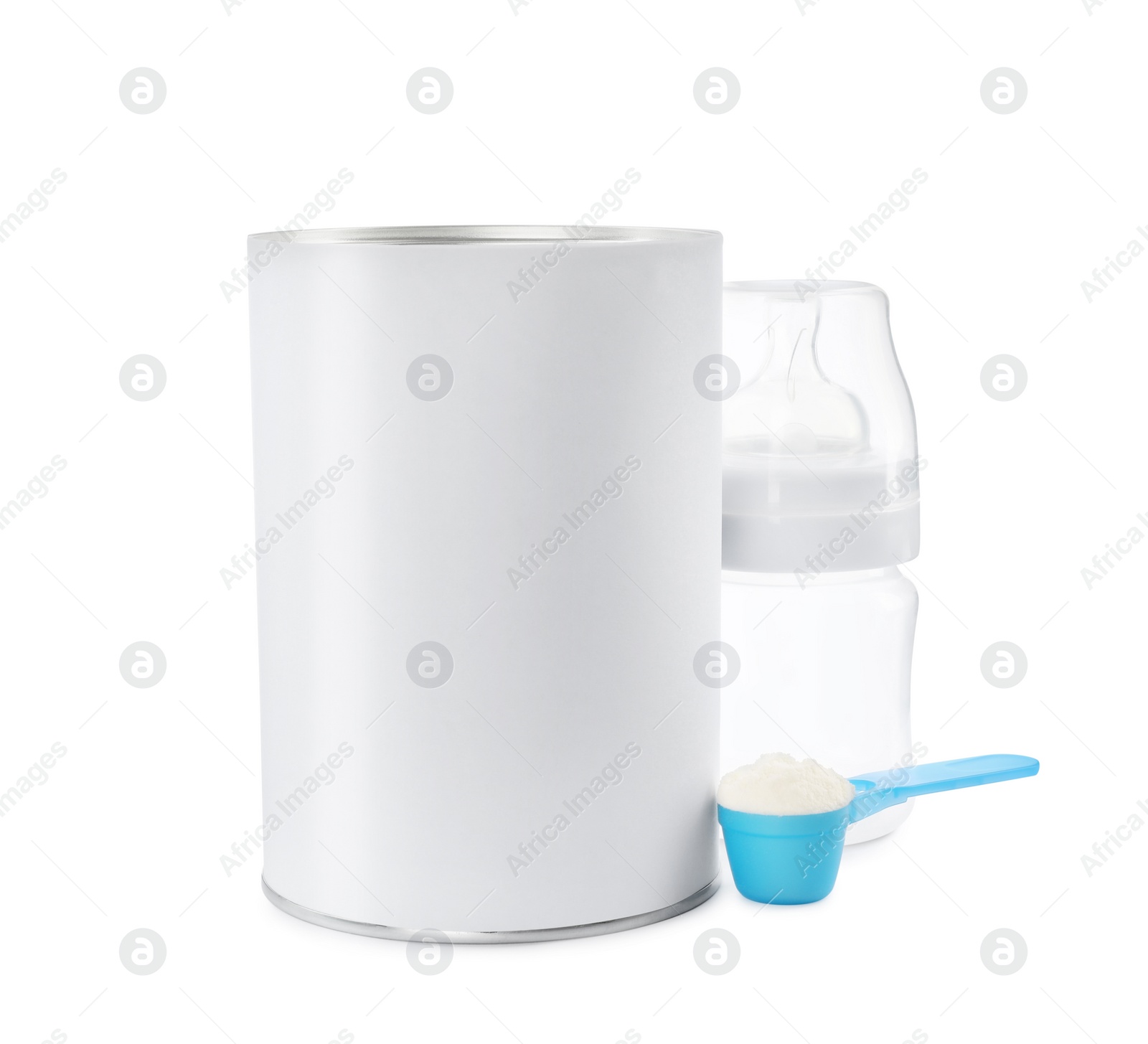 Photo of Blank can of powdered infant formula with feeding bottle and scoop isolated on white, mockup for design. Baby milk