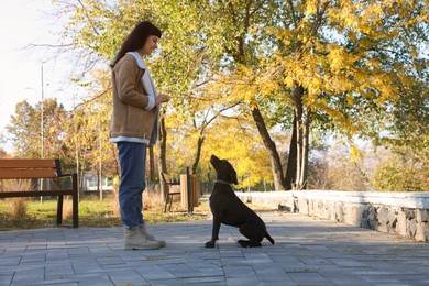 Woman with her German Shorthaired Pointer dog in park